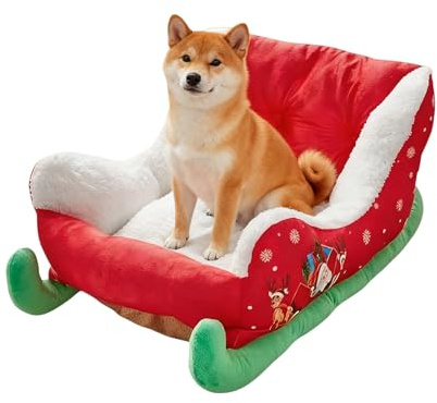 Quorvex Weihnachts Schlitten Haustierbett - 64 X 45 X 33 cm Festliches Plüsch Hundesofa | Kuscheliges Katzenschlittenbett | Hundebett Im Weihnachtsstil Für Welpe Kätzchen Tier Katze Winter