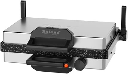 Roland Germany Multigrill, 2000W Elektro-Kontaktgrill, Schwarz, 340x220mm Grillplatten, 5-Stufen Temperaturregelung, für Lahmacun, Fleisch, Toast und Gemüse (1, Granit)