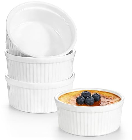 Aleker Set of 4 Ceramic Ramekins, 4In Creme Brulee Ramekins,Souffle Dish, 250ml Small Bowl,Sauce Pots for Soufflé, Creme Brulee, Cupcakes, Custards, Pudding, Ice Cream, Dips, Jams Oven Dishwasher Safe