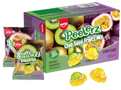 AMOS Peelerz Chia Seed Fruits Mix Gummy Candy, Kiwi & Passion Fruit -240G | Peelable Fun; Real Fruit Taste; Crunchy Chia Seeds; 8-10 Individually Wrapped; Kiwi & Passion Fruit Duo; Great Gift