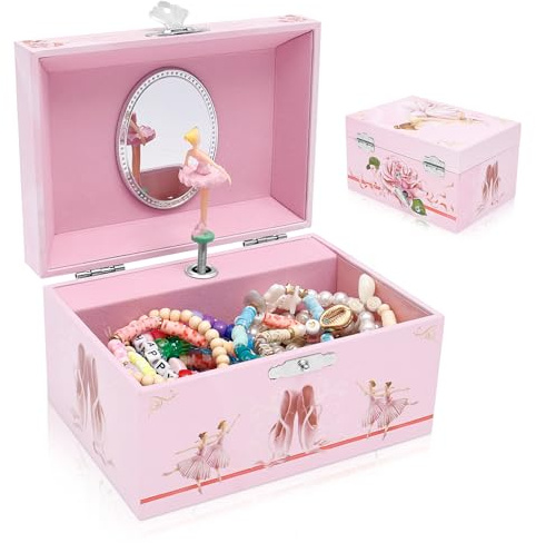 GWCYMYD Musical Jewellery Box, Wood Music Box with Ballerina & Lids, Childrens Jewellery Boxes for Bracelet Ring Necklasem Hairclip Jewelry Boxes for Girls Kids Gifts Toys (Pink)