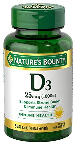 Nature's Bounty Vitamin D3 1000 IU Softgels, Immune Support, Promotes Healthy Bones, 1 Softgel per Day, Gluten Free, 350 Count
