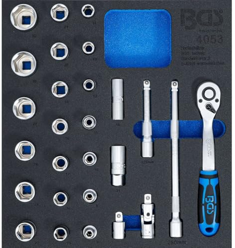 BGS 4053 | Steckschlüssel-Satz 12,5 mm (1/2) | 27-tlg. | 2/3 Einlage | Sechskant Pro Torque®-Ausführung | Umschaltknarre 72 Zähne | Verlängerungen | Kardangelenk | Zündkerzeneinsätze