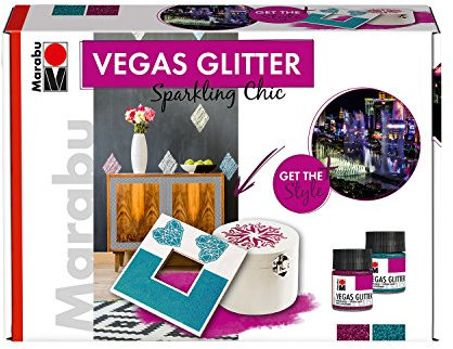 Marabu 1269000000081 - Glitzernde Effektpaste im Set, Vegas Glitter Sparkling Chic, auf Wasserbasis, wetterfest, schnell trocknend, 2 x 50 ml Farbe, 2 Schablonen und Malmesser