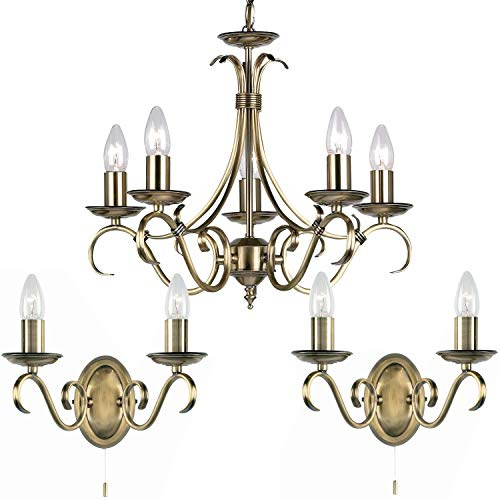 Flush/Hanging 5 Bulb Ceiling & 2X Twin Wall Light Pack | Classic Antique Brass Chandelier Set | Matching Indoor Lamp Fittings | Modern/Vintage Lounge Bedroom Lighting | LED & Dimmable kit