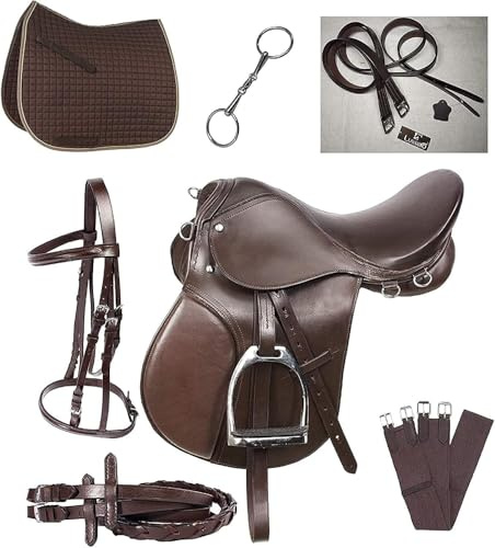 Lussoro Leather English Riding Horse Saddle Starter Kit Brown Saddle Combo Pack (Size 18)