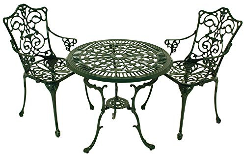 DEGAMO Bistroset in Jugendstil Optik 3-teilig, Aluguss dunkelgrün, wetterfest, 2X Sessel und 1x Tisch 70cm rund
