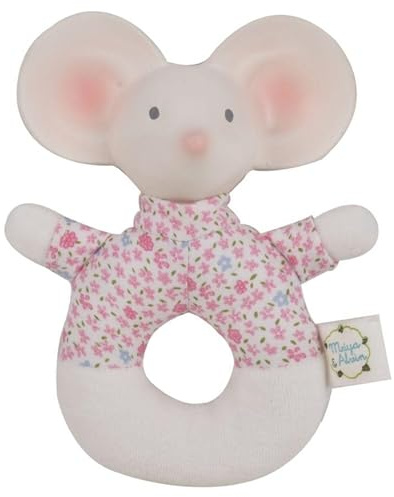 Tikiri 8577144 - Naturkautschuk Rassel Meiya Maus, Spielzeug für Babys und Kinder ab 0+ Monaten, 13cm, Rosa