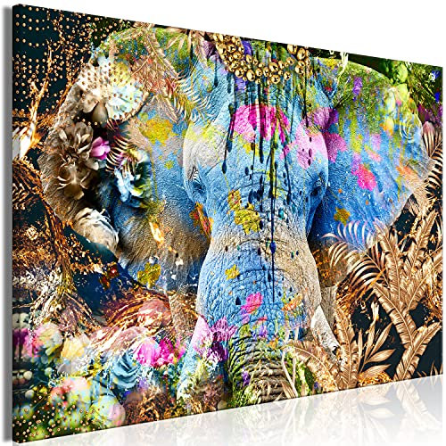 murando HandArt Bilder auf Leinwand Elefant 1 tlg Leinwandbild Wandbilder Wohnzimmer Wanddekoration Moderne Kunst - Abstrakt Tier tropische Blätter Blumen bunt g-C-0379-b-a