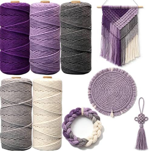 5 Stück Makramee Garn 3mmx50m, BetterJonny Baumwoll Bastelschnur Makramee Baumwollgarn 3mm Baumwollkordel Natur Bunte Baumwoll-Bastelschnur für Basteln Stricken Aufhängen DIY Handwerk-Violett Grau