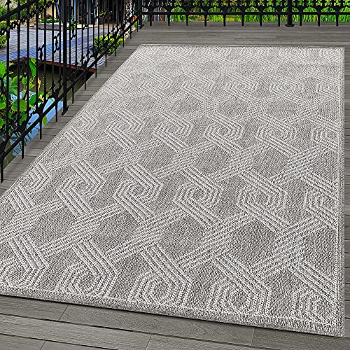 Carpetsale24 In- & Outdoor Teppich 160x230 cm, Wetterfest & Robust, Flachgewebe mit Modernem Geometrisch-Design in Grau & Creme, Rechteckig für Terrasse, Balkon, Küche, Bad & Wohnzimmer