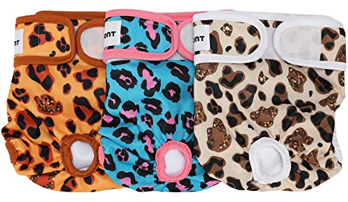 Avont Tvättbara blöjor för tikar, återanvändningsbara och hållbara för kvinnliga hundar, hundblöjor, mycket absorberande, 3-pack, M, 33–48 cm midja, leopard | Mycket absorberande tvättbara och miljövänliga sanitetstrosor för kvinnliga husdjur passar hundar i olika storlekar