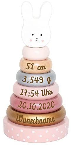 Elefantasie Stapelturm aus Holz Hase personalisierbar mit Name und Geburtsdaten Baby Geschenk mit Gravur