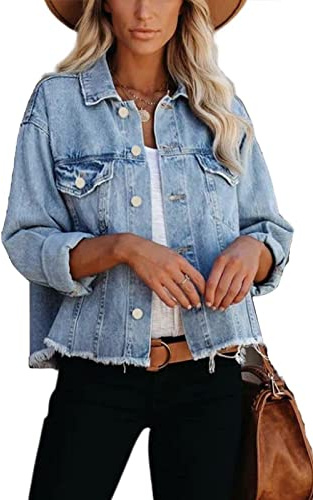 JayscreateEU Female Jeansjacke Kurze jacke Denim Jean Mantel Outwear Lange Ärmel Damen Jeansjacke mit Knöpfen Winter Herbst jacke Kanten und Waschen mit Tasche