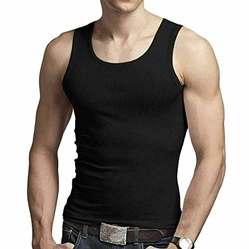 COSHAL® 1 Men's Cotton Vests Tank Tops Sleeveless Plain Breathable Slim Fit Summer Top Vest Everyday Athletic wear, Easy Fit Men Workout Shirts Size M, Black