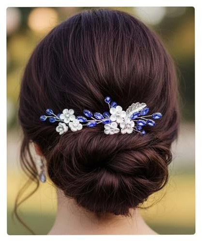 Flayem Lot de 2 épingles à cheveux en strass pour mariée avec strass et cristal bleu argenté