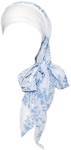 Couvre-chef pour femme - Bonnet de sommeil - Écharpe pour chauve - Chapeaux contre le cancer - Turbans, Blanc/bleu feuille, taille unique