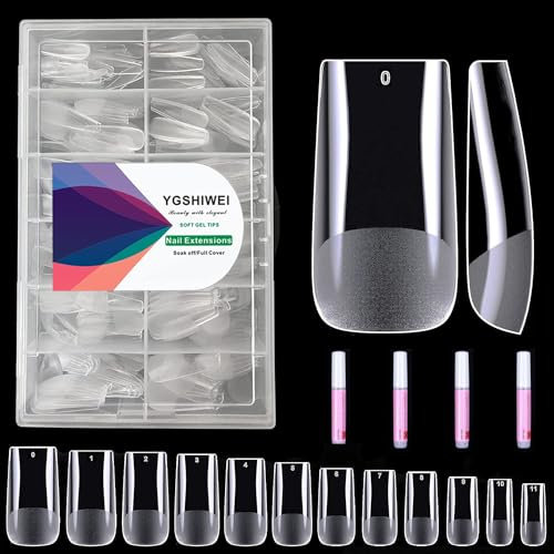 YGSHIWEI Punta de uñas de cobertura completa, paquete de 504,12 tamaños, uñas postizas con pegamento para uñas, uñas artificiales acrílicas con estuche de almacenamiento para salones de uñas y