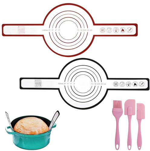 TPBSITNS 2PCS Silicone Baking Mat for Dutch Oven,Reusable Oven Liner for Sourdough Starter with Brush Scraper,Long Handles Non-Stick Baking Sheets,Heat Resistant Round Bread Sling (Red+Black)