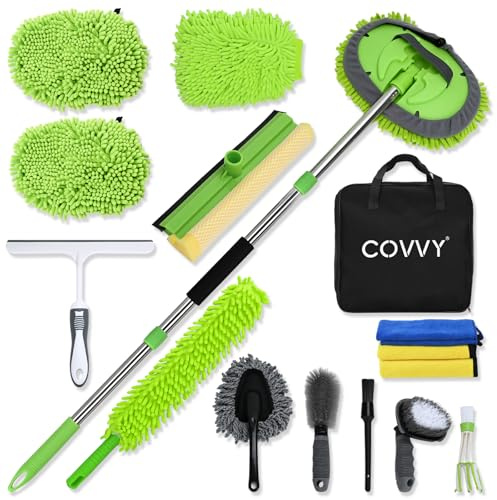 COVVY 14 Pcs Car Cleaning Kit,62 Inch Car Wash Mop Head with Long Handle,Wash Mop Mitt,Window Scraper,Soft Cleaning Cloth,Duster,Storage Bag,Car Wheel Brush,Detailing Brush Set for Cleaning Car,Wheels
