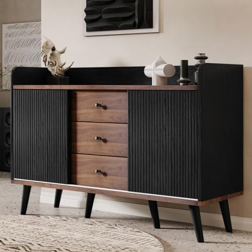 KOMHTOM Élégant buffet-commode-armoire, deux portes coulissantes, trois tiroirs, multifonction, pour salon, chambre à coucher, entrée et salle à manger (noir)