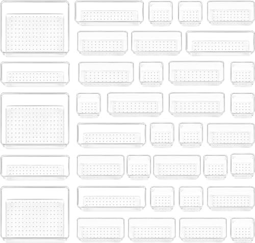 CLUHERTVY 37 Stücke Schubladen Organizer mit 4 Größen,Klar Kunststoff Schminktisch Organizer,Badezimmer Organizer, kosmetik organizer,Einsetzbar für Makeup, Küchen, Büro,Schrank