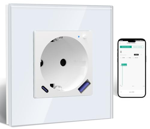 BSEED Wlan Schuko Steckdose mit USB C 20W Schnellladegerät,Smart Wifi Steckdose Unterputz mit Strommessung,Arbeit mit Alexa/Google Home,Stromzähler für Wandsteckdose mit Smart Life App,1 Fach Weiß