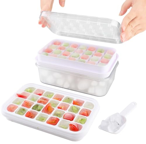 Eiswürfelbehälter mit Deckel & Behälter, Eiswürfelform für Gefrierschrank, Herstellung von 56PCS Eiswürfeln zum Kühlen von Cocktail, Whiskey, Tee, Kaffee (mit 2 Schalen, 1 Eiskübel & Schaufel)