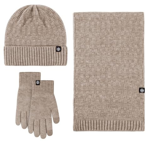 GIBZ Damen Winter Warme Stricksets Beanie Mütze, Touchscreen Handschuhe & Lang Schal, 3 in 1 Set, Geschenk für Kaltes Wetter