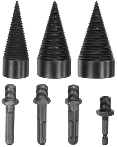 M METERXITY 3-Pack Wood Splitter Drill Bit 32mm + 42mm + 45mm + 4 Handles (Square + Round + Hex Shank + Small Hex) Firewood Log Splitter Drill Bit for Family/Outdoor/Stove/Farm [Black+Grey]