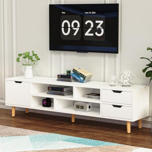 Oyajia Modern TV Cabinet Storage TV Stand Mit 2 Drawers&1 Cabinet, Suitable for Living Room and Bedroom, Handleless Design, TV table Panel, Simple White, 140(L) cm High Gloss Panel.