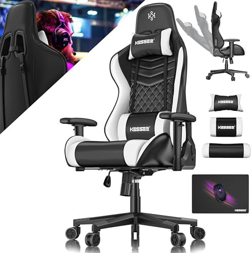 KESSER® Gamingstuhl Ergonomisch Gaming Stuhl Bürostuhl mit Kopfstütze & Lendenkissen | Racing Gamer Stuhl 150kg belastbar | Armlehne 360° | Drehbarer Schreibtischstuhl Gaming Chair + Gummi-Rollen
