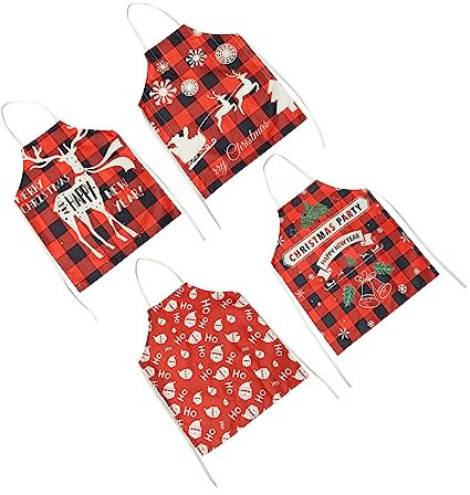 OKUMEYR Grembiuli Di Stoffa Natalizi 4 Pezzi, Confezione Assortita, Tessuto Resistente, Lavabili Senza Sbiadire, Grembiuli Da Cucina Per Ristoranti, Bar e Uso Domestico