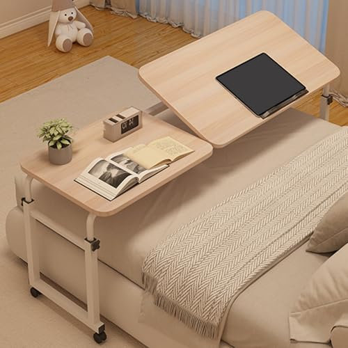 Bureau D'ordinateur Portable Extensible - Tables de Lit D'aide à L'autonomie Roulante Réglable Hauteur, Mobile Table Medicale de Plateau de Nourriture a Roulette pour Lit/L'hôpital(White Maple)