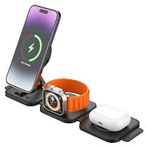 3-in-1 Folding Wireless Charger Fast Charging Station for iPhone, Smart Watch, Bluetooth Earbuds (MagSafe) & Android Devices, Qi-Certified, Black, ABS+PC+AL Alloy, FCC, CE, ROHS Certified