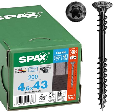 SPAX Facade Screw, 4.5 x 43 mm, Pack of 200, Stainless Steel A2 Blax, Fixing Thread, T-Star Plus T20, Raised Countersunk Head, 4CUT - 25470404504322