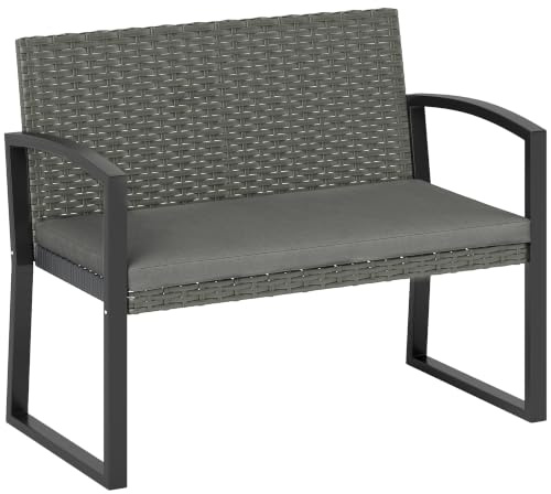 Outsunny 2 Seater Rattan Garden Bench with Cushion Outdoor Bench Light Grey | PE Wicker Garden Loveseat with Armrests, Galvanised Steel Frame, for Patio, Park