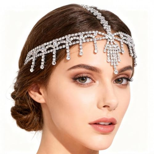 GORGECRAFT Strass Stirnkette Kristall Flapper Kopfschmuck 1920 Stück Quaste Stirnband Silberne Strass Kopfkette Für Frauen Braut Hochzeit Festival Party Bauchtanz Cosplay Haarschmuck Zubehör