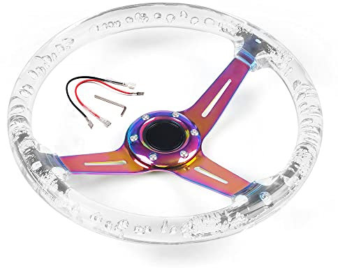 LUOKEKE Sportlenkrad 350mm 14inch Acryl Lenkrad & Hornknopf Neo Chrom 6 Löcher Lenkradtiefe 71mm Holzlenkrad(Clear)