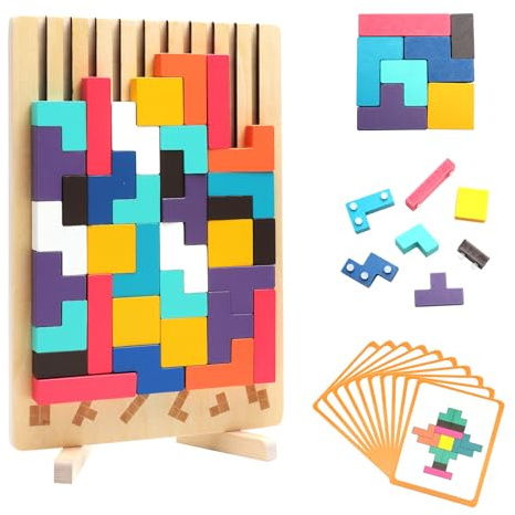 TNSLAND Tetris Holzspiel Knobelspiele Montessori Lernspielzeug Spielzeug Holzpuzzle Blöcke Stapelspiel Holzspielzeug Stapelpuzzle 3D Puzzle mit 10 Karten Geschenk