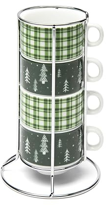 Excelsa Green Winter Lot de 4 tasses à café, en porcelaine avec motif tartan et sapins, support métallique empilable