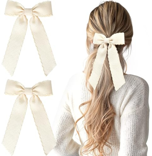VOBOBE 2PCS Hair Bows for Women Girls, Beige Hair Ribbon Bowknot French Hair Clips Barrettes Wavy Hair Accessories for Women Girl with Long Tail (Beige)