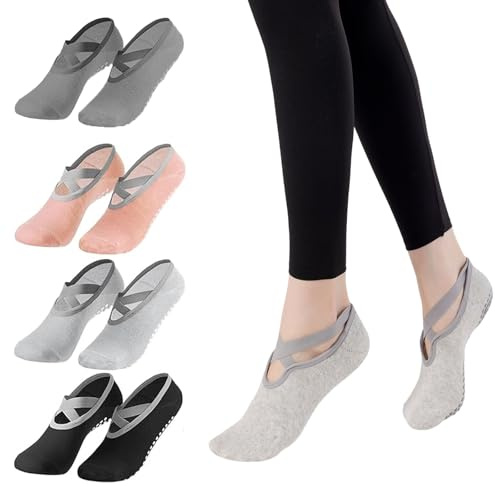 HJ-fuzhou Yoga Socks, 4 Pairs Women's Non-Slip with Grips & Straps | Secure Grip Socks for Pilates, Barre, Ballet, Dance & Home Workouts | Breathable Toe Socks for Barefoot Fitness
