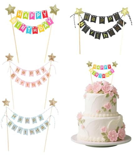 IEBTAWN 4 Stück Cake Topper Banner, Wimpelketten Happy Birthday, Kuchendeko Für Geburtstag, Tortenstecker Set, Schön Kuchentopper, Kuchen Dekoration, Mehrfarbig, Tortendeko, Geburtstagsfeier