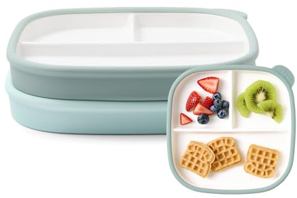 Ello Clean Start Ceramic Toddler Divided Plates, 2 Pack,Dewdrop/Grayed Jade