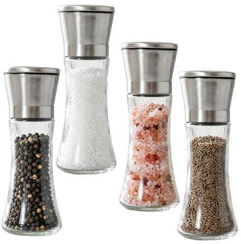 4 Pack Salt and Pepper Mill Set, Stainless Steel Spice Grinders | Refillable glass spice mills with adjustable ceramic grinders for salt, pepper and dry seasonings