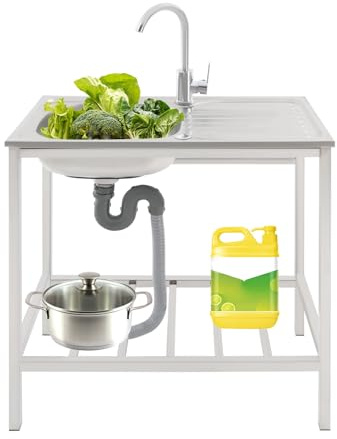 Commercial Free Standing Sink, Utility Stainless Steel Kitchen Single Bowl Washing Hand Basin Station Sink with Workbench, Fish Cleaning Table &Storage Shelves for Restaurant, Garage, Garden