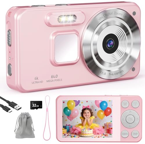 Aroeally Appareil photo numérique 4K - Appareil photo compact portable avec écran LCD 2,8 - Zoom numérique 18X - Carte SD 32 Go - 1 cordon pour enfants débutants (rose)