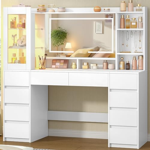 Hzuaneri 140 cm Sminkbord med HD-Spegel, Sminkbord med RGB-belysning, 10 Lådor, 9 Förvaringshyllor, Lämplig för Sovrum Och Kontor, Minimalistisk Stil, Vit 1150003XEU