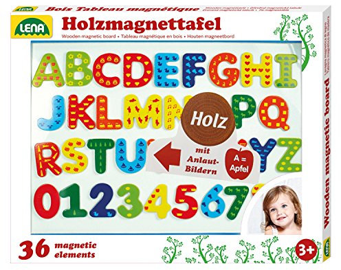 Lena 65822 – Holz Magnettafel Set, magnetische Tafel ca. 44 x 38 cm mit 26 Buchstaben und 10 Zahlen, Lernspielzeug für Kinder ab 3 Jahren zum Schreiben und Rechnen, Mehrfarbig